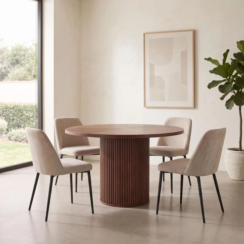 Table de salle à manger ronde effet noyer 4 à 6 personnes 100x100cm PINEELITE