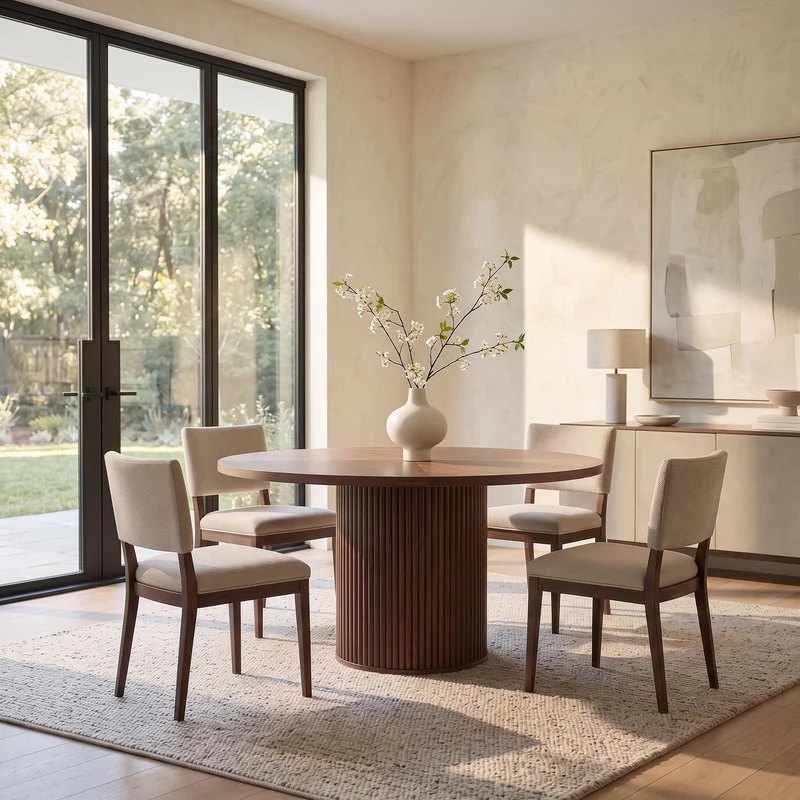 Table de salle à manger ronde effet noyer 4 à 6 personnes 100x100cm PINEELITE