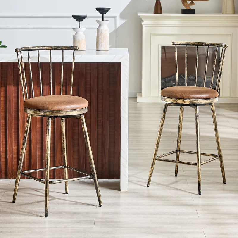 Lot de 2 tabourets de bar pivotants tissu marron effet bronze vieilli, style Windsor industriel PINEBASKET
