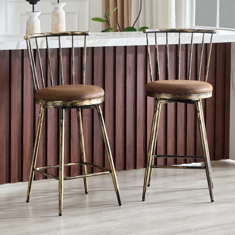 Lot de 2 tabourets de bar pivotants tissu marron effet bronze vieilli, style Windsor industriel PINEBASKET