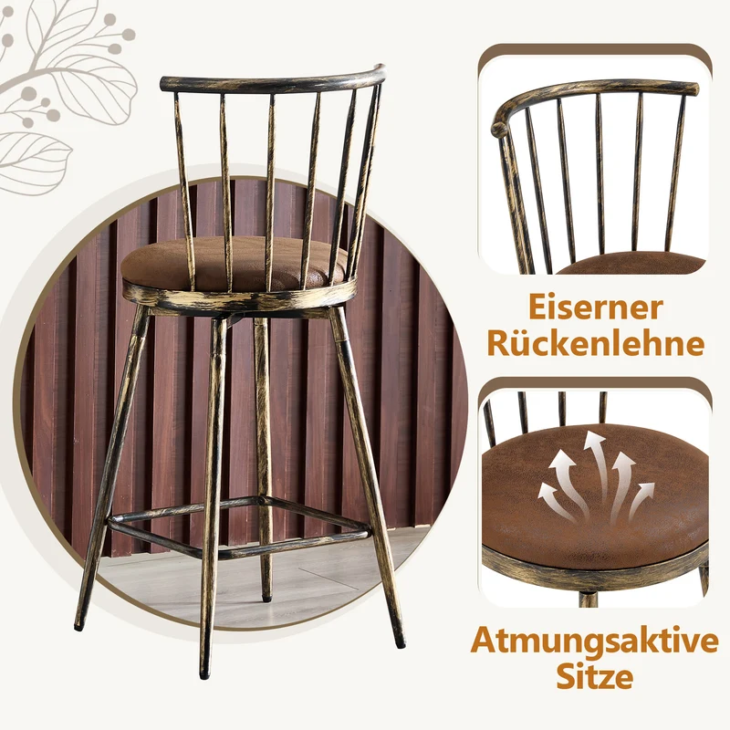 Lot de 2 tabourets de bar pivotants tissu marron effet bronze vieilli, style Windsor industriel PINEBASKET