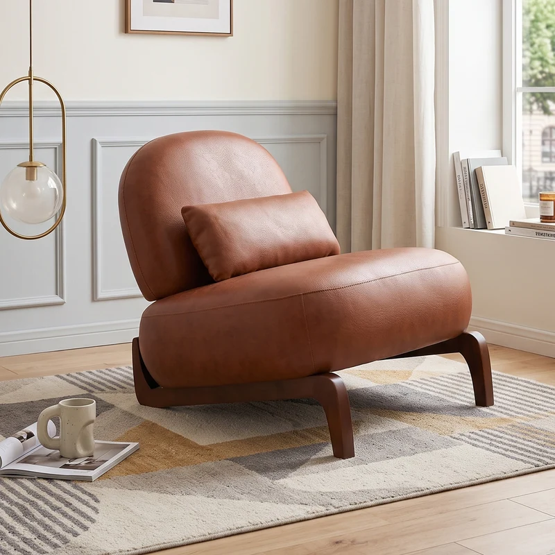 Fauteuil moderne caramel revêtement en similicuir et pieds en bois massif PANELSTONE