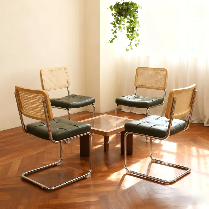 Lot de 4 chaises de salle à manger Breuer en PU vert et dossier en rotin, pieds chromés PLANTFLEX