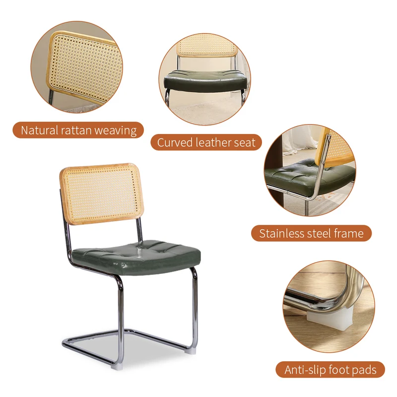 Lot de 4 chaises de salle à manger Breuer en PU vert et dossier en rotin, pieds chromés PLANTFLEX