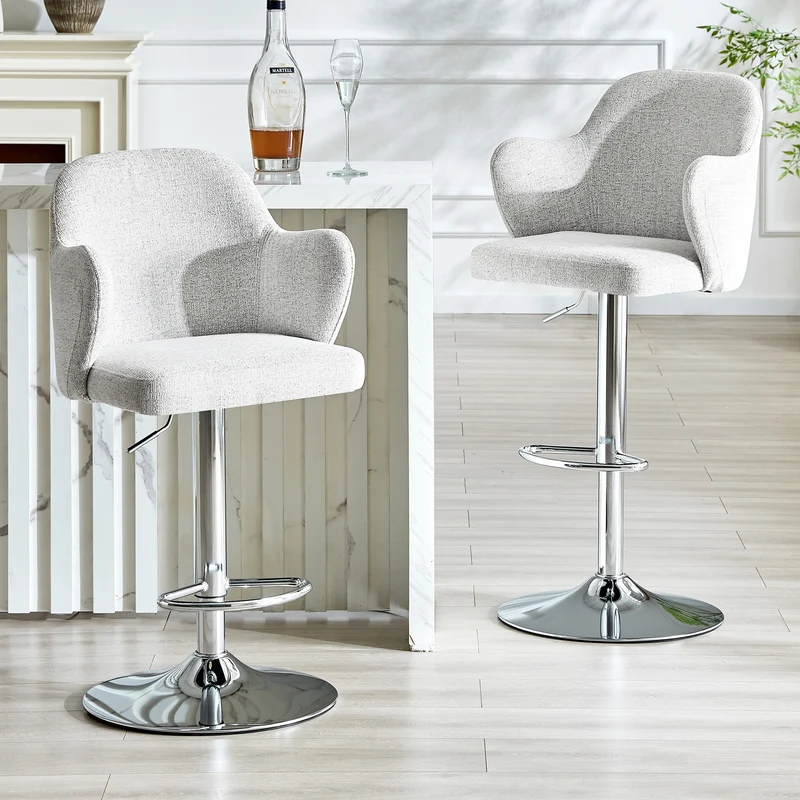 Lot de 2 tabourets de bar tissu gris clair réglables, pivotants à 360° et repose-pieds PLANTGLASS