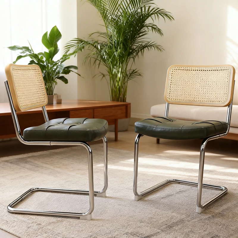 Lot de 2 chaises de salle à manger Breuer en PU vert et dossier en rotin, pieds chromés PLANTLINE