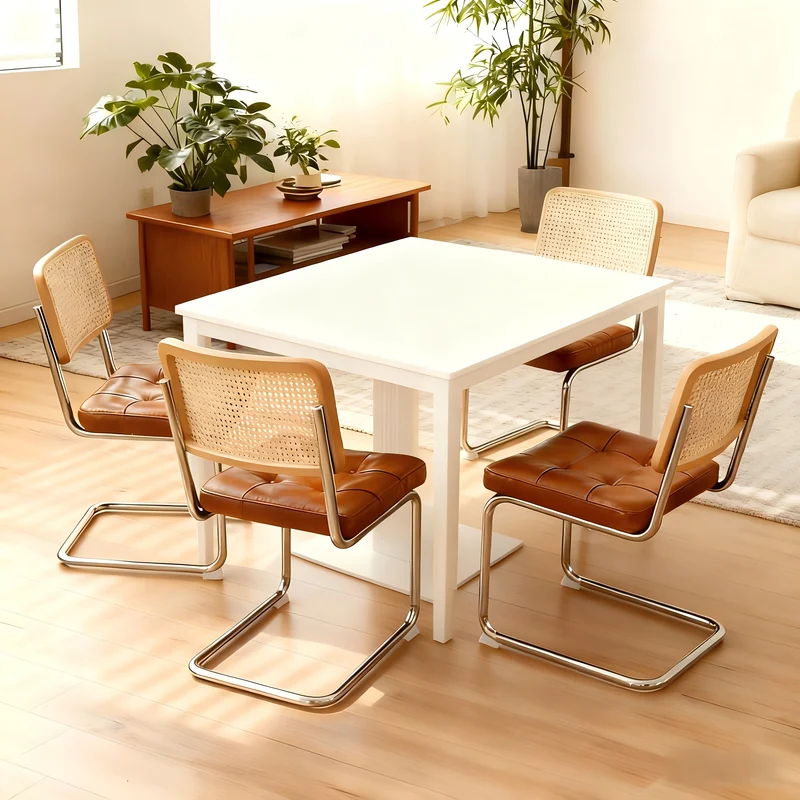 Lot de 4 chaises de salle à manger Breuer en PU caramel et dossier en rotin, pieds chromés PLANTMAX