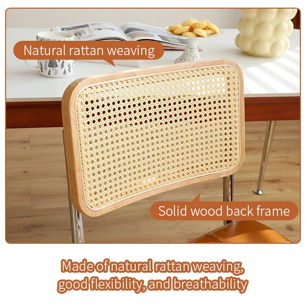 Lot de 4 chaises de salle à manger Breuer en PU caramel et dossier en rotin, pieds chromés PLANTMAX