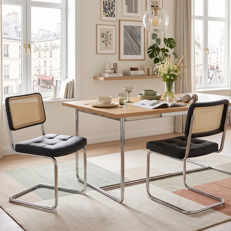 Lot de 4 chaises de salle à manger Breuer en PU noir et dossier en rotin, pieds chromés PLANTLITE