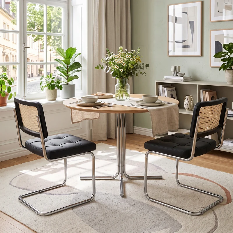 Lot de 4 chaises de salle à manger Breuer en PU noir et dossier en rotin, pieds chromés PLANTLITE