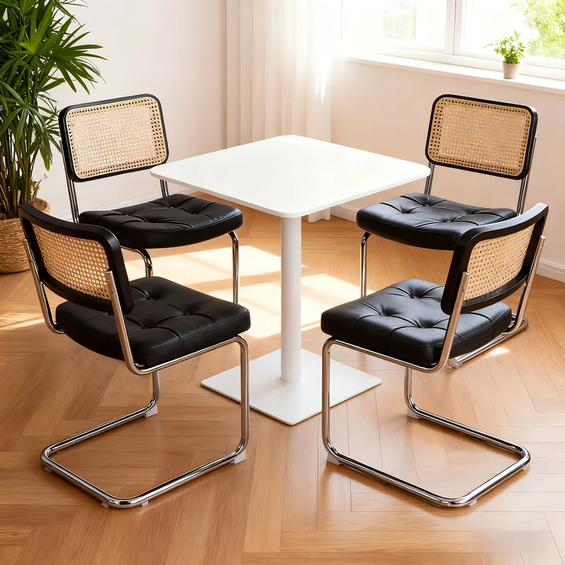 Lot de 4 chaises de salle à manger Breuer en PU noir et dossier en rotin, pieds chromés PLANTLITE