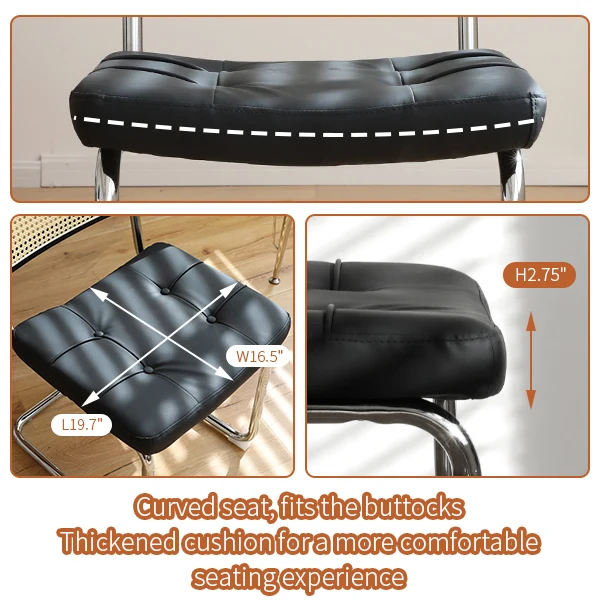 Lot de 4 chaises de salle à manger Breuer en PU noir et dossier en rotin, pieds chromés PLANTLITE