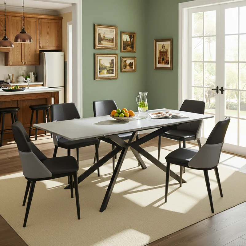 Table à manger extensible effet béton gris pieds noir en V 150/180cm LODESTONE