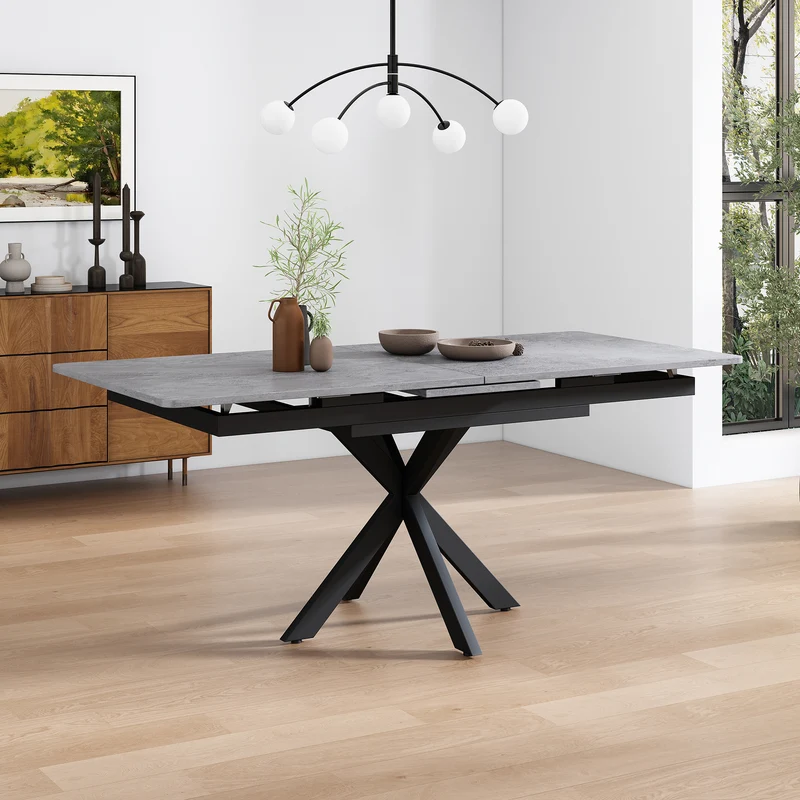 Table à manger extensible effet béton gris pieds noir en V 150/180cm LODESTONE