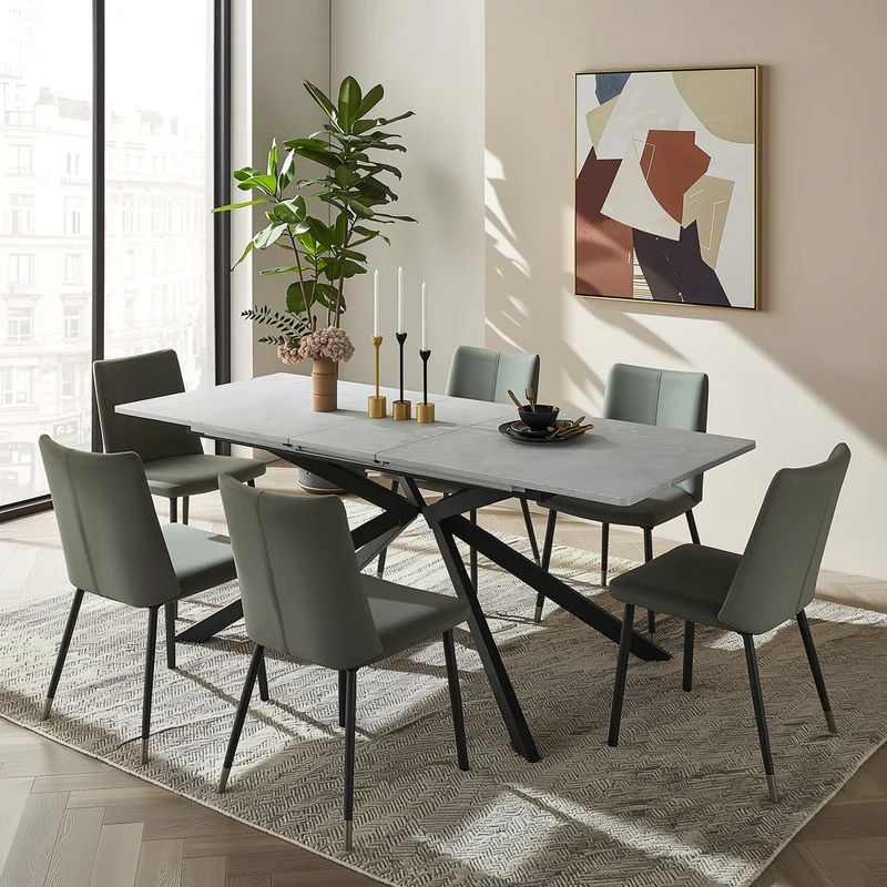 Table à manger extensible effet béton gris pieds noir en V 150/180cm LODESTONE
