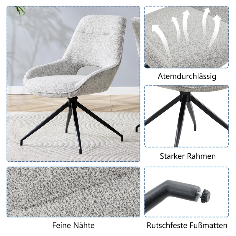 Lot de 2 chaises de salle à manger pivotantes en tissu gris et pieds noirs PLANTPRIME