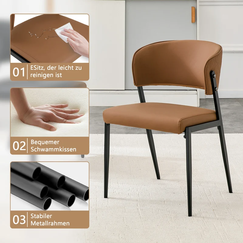 Lot de 2 chaises de salle à manger marron en similicuir incurvé et dossier texturé pieds noirs PINELINE