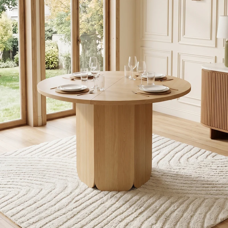 Table de salle à manger ronde Ø120cm effet chêne, style scandinave PILLOWRESIN