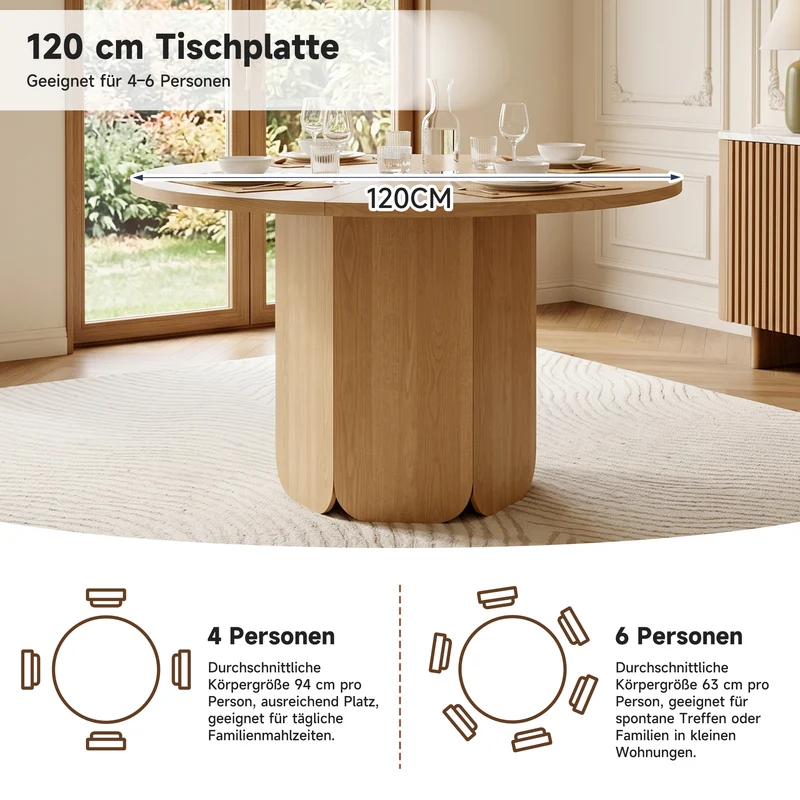 Table de salle à manger ronde Ø120cm effet chêne, style scandinave PILLOWRESIN