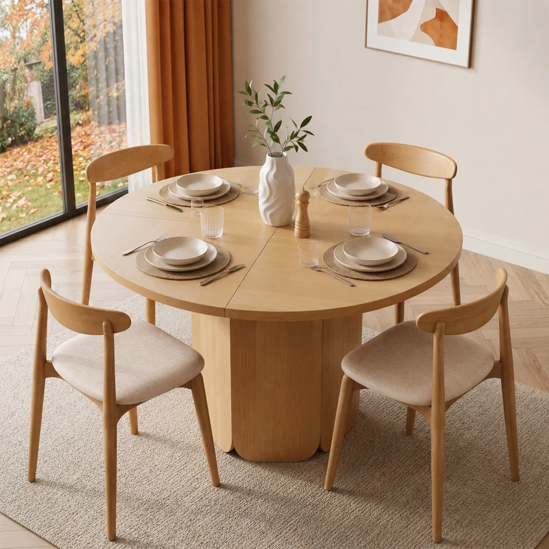 Table de salle à manger ronde Ø120cm effet chêne, style scandinave PILLOWRESIN
