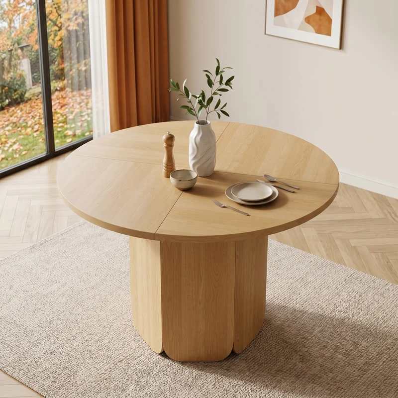 Table de salle à manger ronde Ø120cm effet chêne, style scandinave PILLOWRESIN