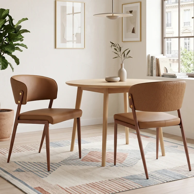 Lot de 2 chaises de salle à manger marron en similicuir incurvé et dossier texturé pieds effet bois PINELAMP