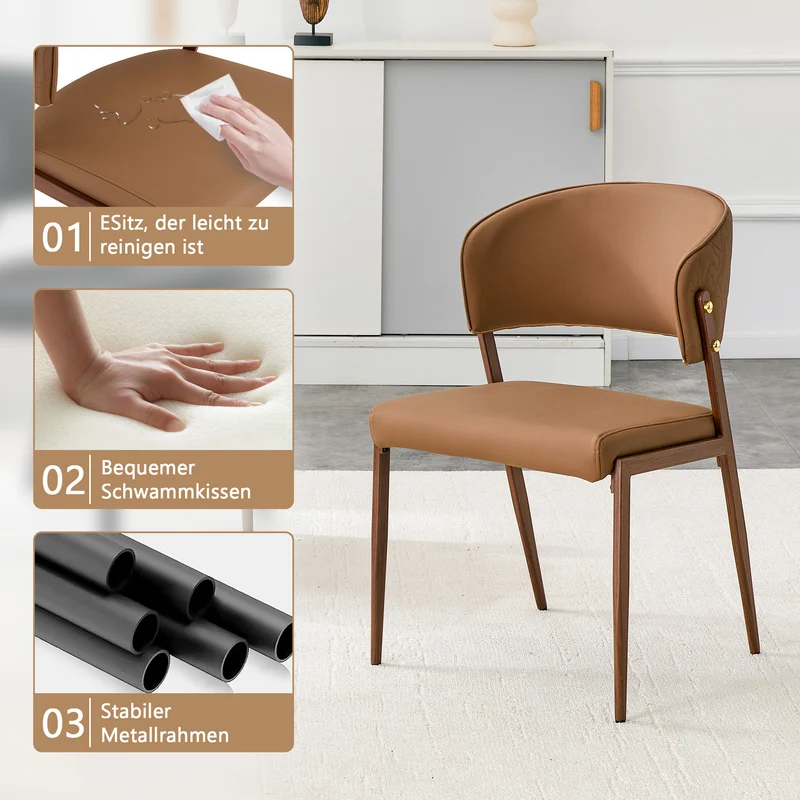 Lot de 2 chaises de salle à manger marron en similicuir incurvé et dossier texturé pieds effet bois PINELAMP