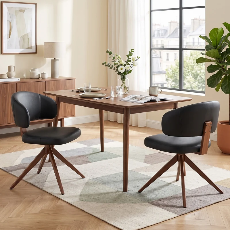 Lot de 2 chaises pivotantes 360° noires en PU avec pieds en métal, confortable PINETABLE
