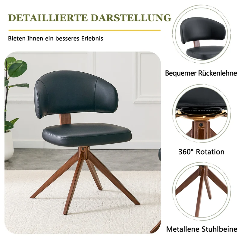 Lot de 2 chaises pivotantes 360° noires en PU avec pieds en métal, confortable PINETABLE