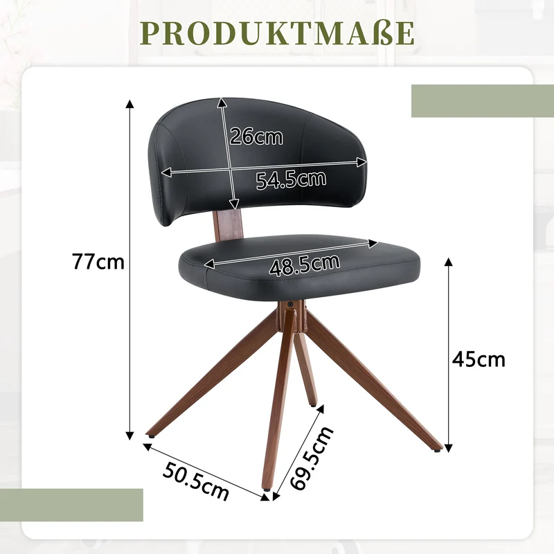 Lot de 2 chaises pivotantes 360° noires en PU avec pieds en métal, confortable PINETABLE