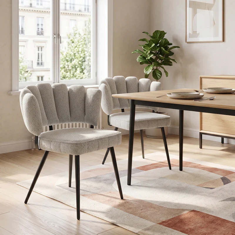Lot de 2 chaises de salle à manger en velours gris clair, dossier floral PLANTPLASTIC