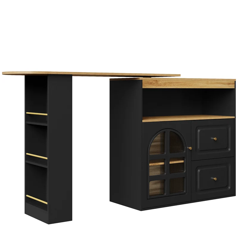Table de bar noire effet bois extensible rotatif à 360° avec vitrines et tiroirs 138–204cm NIGHTSTANDBROWN