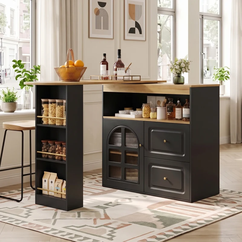 Table de bar noire effet bois extensible rotatif à 360° avec vitrines et tiroirs 138–204cm NIGHTSTANDBROWN