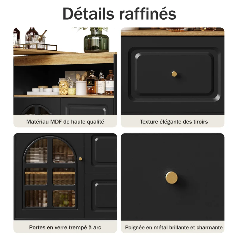 Table de bar noire effet bois extensible rotatif à 360° avec vitrines et tiroirs 138–204cm NIGHTSTANDBROWN