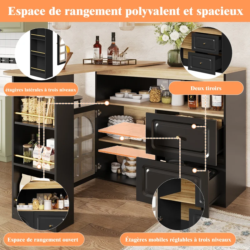Table de bar noire effet bois extensible rotatif à 360° avec vitrines et tiroirs 138–204cm NIGHTSTANDBROWN