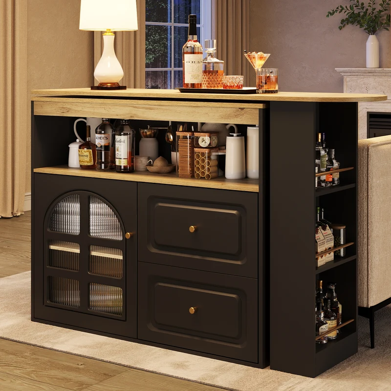 Table de bar noire effet bois extensible rotatif à 360° avec vitrines et tiroirs 138–204cm NIGHTSTANDBROWN