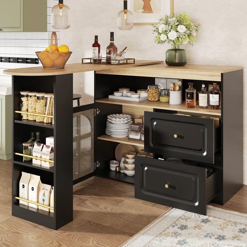 Table de bar noire effet bois extensible rotatif à 360° avec vitrines et tiroirs 138–204cm NIGHTSTANDBROWN