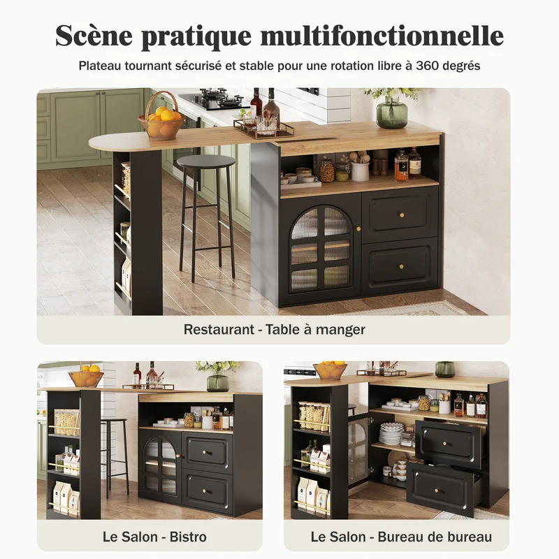 Table de bar noire effet bois extensible rotatif à 360° avec vitrines et tiroirs 138–204cm NIGHTSTANDBROWN