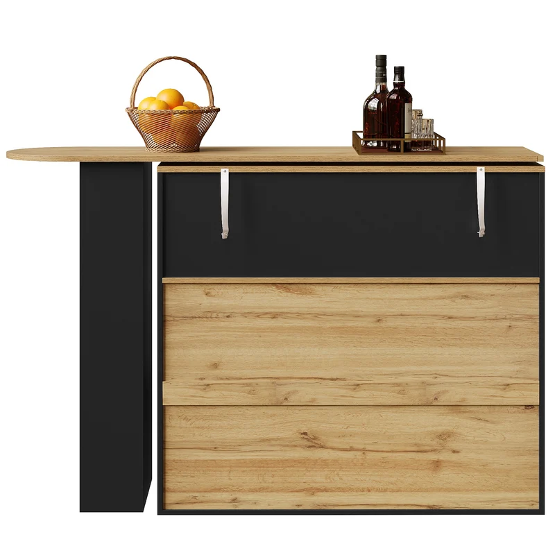 Table de bar noire effet bois extensible rotatif à 360° avec vitrines et tiroirs 138–204cm NIGHTSTANDBROWN