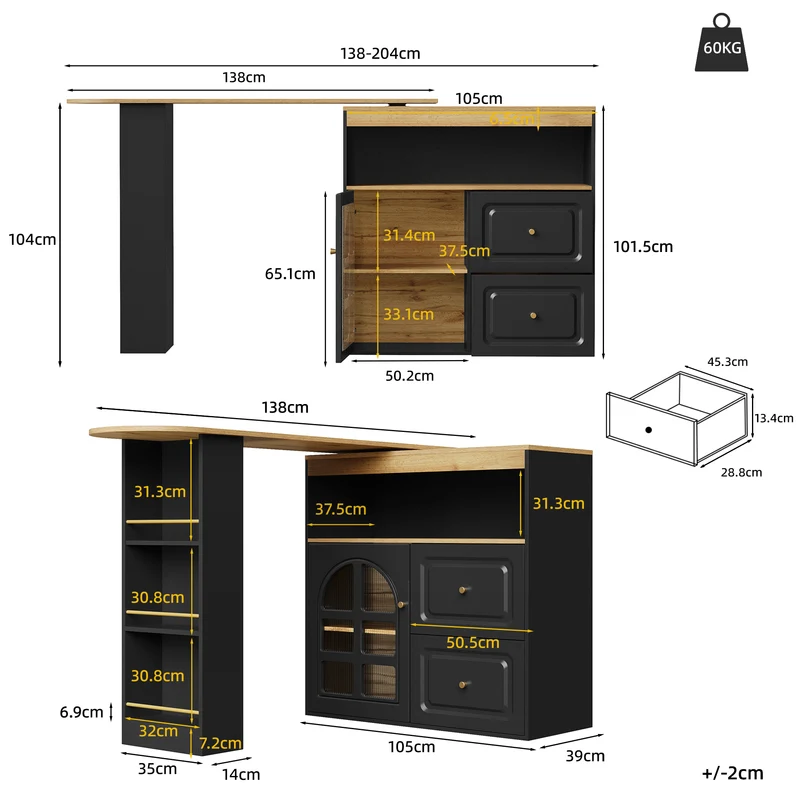 Table de bar noire effet bois extensible rotatif à 360° avec vitrines et tiroirs 138–204cm NIGHTSTANDBROWN