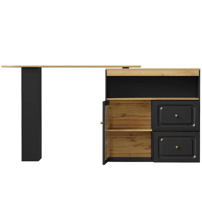 Table de bar noire effet bois extensible rotatif à 360° avec vitrines et tiroirs 138–204cm NIGHTSTANDBROWN