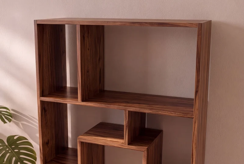 Bibliothèque massive CUBUS 180cm finition pierre Sheesham marron grain unique