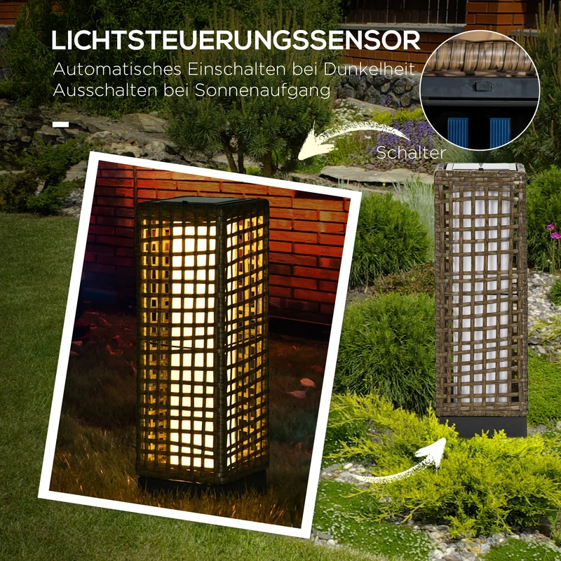Lampe solaire extérieure au sol rattan LED, détecteur crépusculaire, étanche 15,5x15,5x46cm SKYBEACH