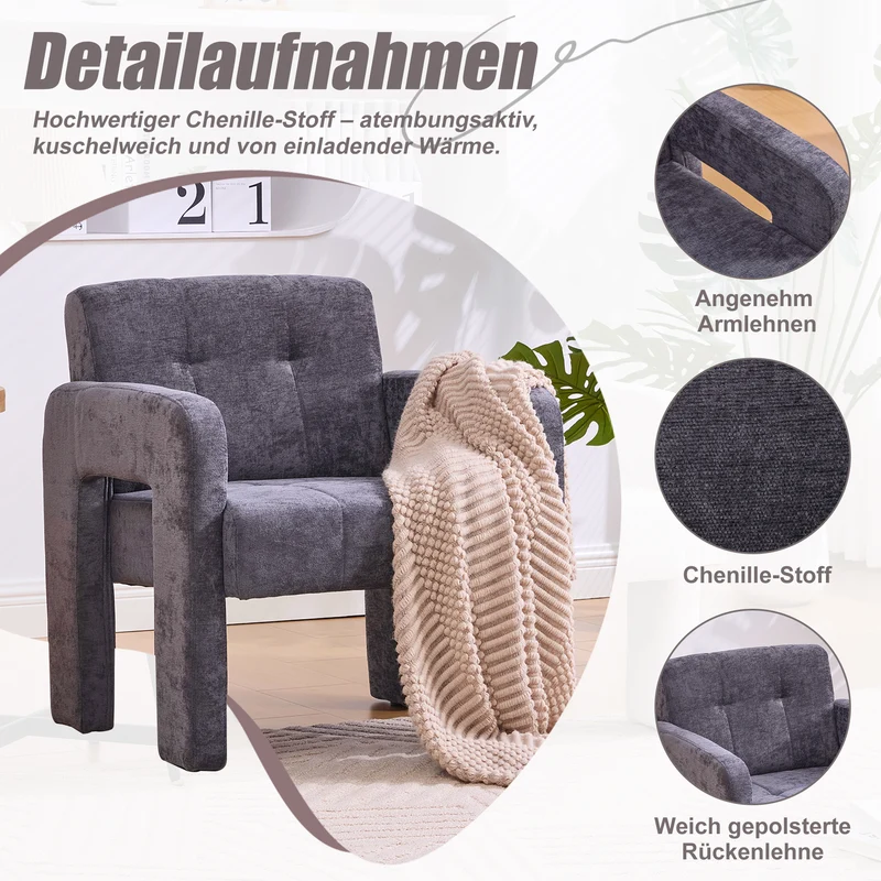 Fauteuil en chenille gris foncé 67,5x69x74,5cm ZENITHINA
