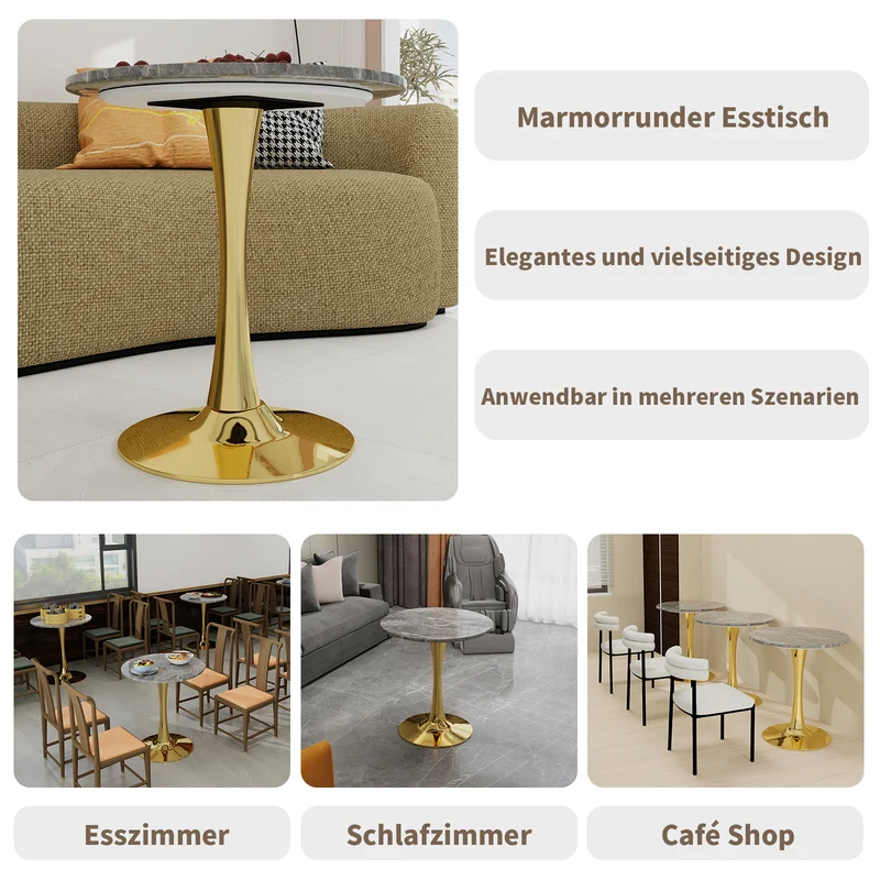 Table de salle à manger ronde effet marbre grise pieds dorés 70 cm RADICLE