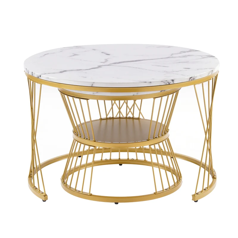 Ensemble de 2 tables basses rondes gigognes effet marbre blanc, piètement doré VIBRATIO