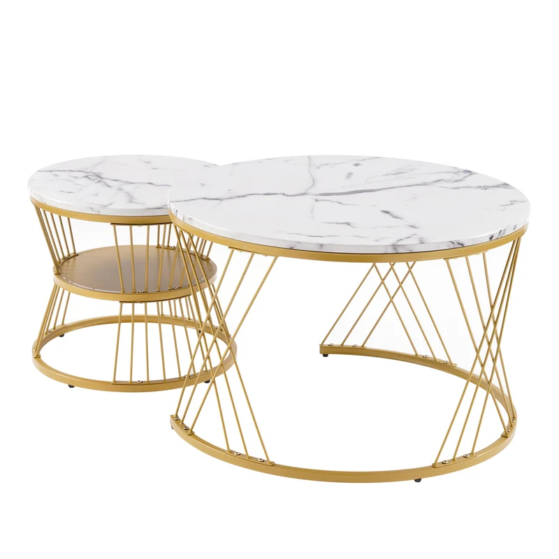 Ensemble de 2 tables basses rondes gigognes effet marbre blanc, piètement doré VIBRATIO