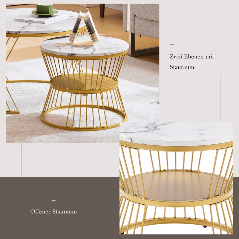 Ensemble de 2 tables basses rondes gigognes effet marbre blanc, piètement doré VIBRATIO