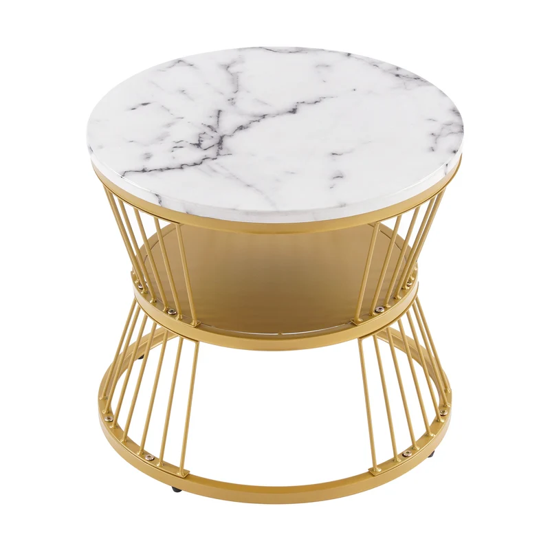 Ensemble de 2 tables basses rondes gigognes effet marbre blanc, piètement doré VIBRATIO