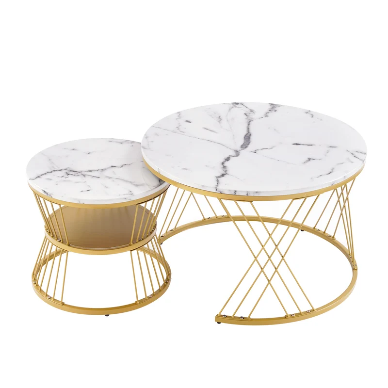 Ensemble de 2 tables basses rondes gigognes effet marbre blanc, piètement doré VIBRATIO